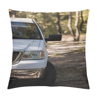 Personality  Close Up Of White Pickup Truck In Sunny Forest Pillow Covers