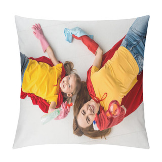 Personality  Top View Of Smiling Mother And Kid In Red Capes And Rubber Gloves With Sprays At Home Pillow Covers