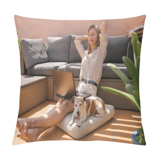 Personality  Freelancer Rest Break From Work. Blonde Woman Working Remotely Sitting On Sunny Terrace With Laptop Small Senior Cute Dog Jack Russell Terrier Sleeps Nearby. Hands Behind Head. Dreaming About Vacation Pillow Covers