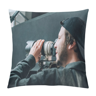 Personality  Side View Of Handsome Cameraman Working In Photo Studio Pillow Covers