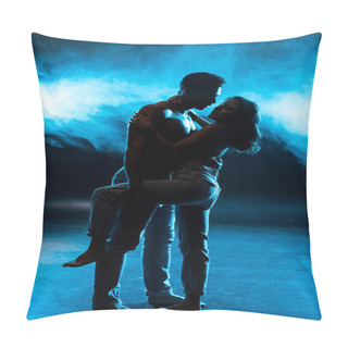 Personality  Side View Of Young Woman In Lace Bra Hugging Sexy Muscular Mixed Race Man On Blue With Smoke  Pillow Covers