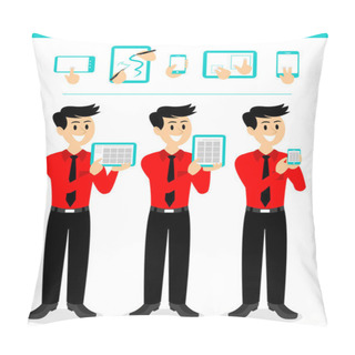 Personality  Salesman Demonstrating App Using Touch Screen Devices Pillow Covers