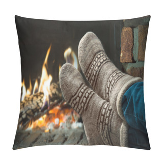 Personality  Feet In Wool Socks Warming At The Fireplace Pillow Covers