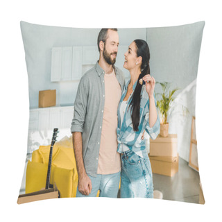 Personality  Smiling Couple Embracing And Holding Keys From New House, Moving Concept Pillow Covers