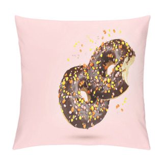 Personality  Two Chocolate Flying Donuts With Different Colors Sprinkles On Pink Background Pillow Covers