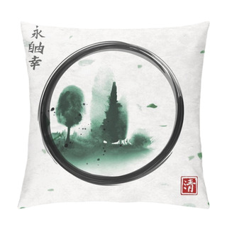 Personality  Ink Wash Painting With Forest Trees In Black Enso Zen Circle On Handmade Rice Paper Background. Traditional Japanese Ink Painting Sumi-e. Contains Hieroglyphs - Eternity, Freedom, Happiness, Clarityartautumnbackgroundblackbranchbushcartoonchineseco Pillow Covers