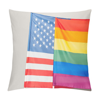 Personality  American And Lgbt Flags Isolated On Grey, Equality Rights Concept Pillow Covers