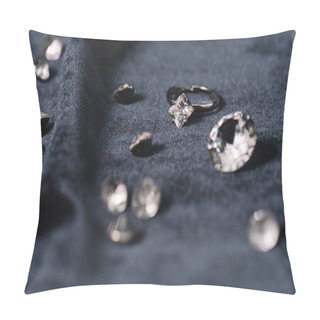 Personality  Selective Focus Of Engagement Ring Near Shiny Diamonds On Blue Cloth Pillow Covers