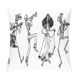 Personality  Day Of The Dead. Mexican National Holiday. Original Inscription In Spanish Dia De Los Muertos. Skeletons In Costumes Dance, Play The Violin, Trumpet And Guitar. Hand Drawn Engraved Sketch. Pillow Covers