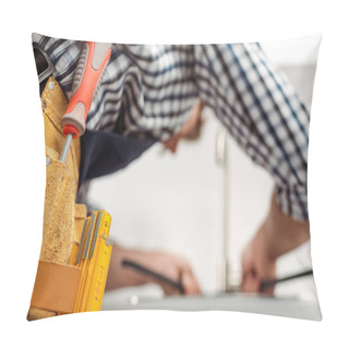 Personality  Selective Focus Of Plumber In Tool Belt Working In Kitchen  Pillow Covers