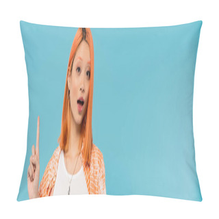 Personality  Pointing With Finger, Amazed Face, Young Asian Woman With Dyed Hair Showing Something On Camera On Blue Background, Generation Z, Casual Attire, Young Culture, Expressive, Website Banner  Pillow Covers