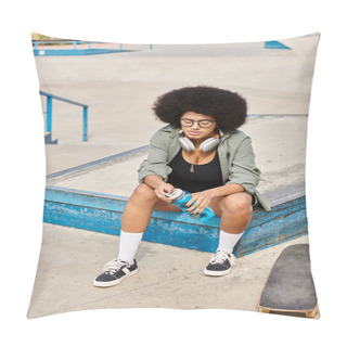 Personality  A Young African American Woman With Curly Hair Is Sitting On Top Of A Blue Box Next To A Skateboard In An Urban Skate Park. Pillow Covers
