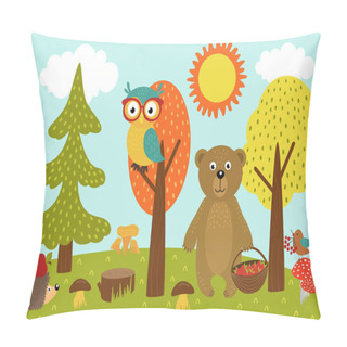 Personality  Animals In Forest Picks Mushrooms And Berries  - Vector Illustration, Eps Pillow Covers