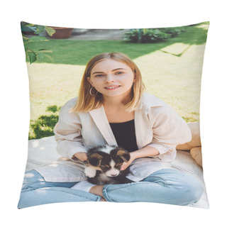 Personality  Happy Blonde Girl Sitting On Blanket In Garden With Adorable Puppy At Sunny Day Pillow Covers