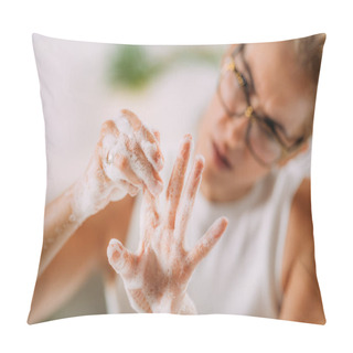 Personality  Obsessive Compulsive Disorder Concept. Woman Obsessively Washing Her Hands. Pillow Covers