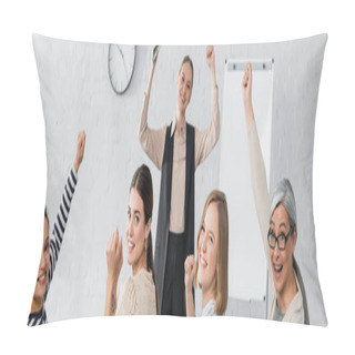 Personality  Happy Interracial Businesswomen And Speaker With Raised Hands During Lecture, Banner Pillow Covers