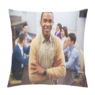 Personality  Confident Businessman Is Standing In Office On Background Of Colleagues. Pillow Covers