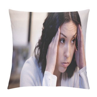 Personality  Exhausted Woman Holding Hands Near Head At Home Pillow Covers