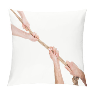 Personality  Cropped View Of Man And Woman Pulling Brown Rope Isolated On White  Pillow Covers