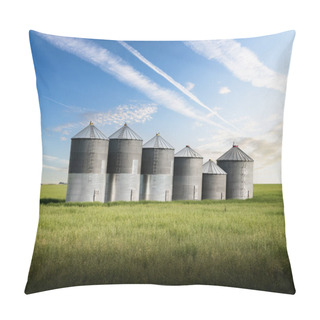 Personality  Grain Silos Standing In A Row On A Wheat Field Overlooking The Canadian Prairies With A Jet Stream Overhead In Rocky View County Alberta Canada. Pillow Covers