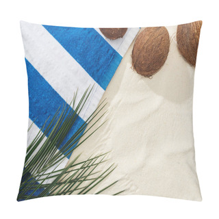 Personality  Top View Of Palm Leaves, Coconuts And Striped Towel On Sand  Pillow Covers