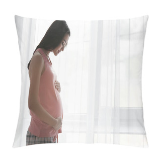Personality  Beautiful Pregnant Woman Standing Near Window At Home Pillow Covers