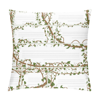 Personality  A Set Of Greeting Cards, Business Cards In The Same Style With A Botanical Ornament With Elements Of The Plant Actinidia Kolomikta. Green Leaves, White Flowers, Thin Stems In The Form Of Liana. Pillow Covers