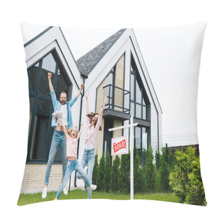 Personality  Happy Kid Holding Teddy Bear And Jumping With Parents Near House  Pillow Covers