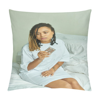 Personality  African American Woman Sitting On Bed,  Private Ward, Hospital, Holding Pills, Miscarriage Concept Pillow Covers