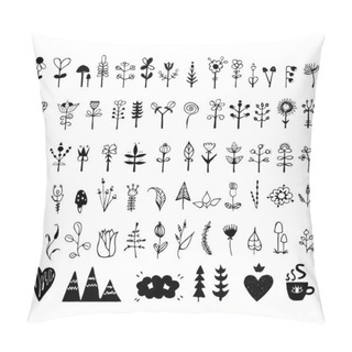 Personality  Decorative Floral Elements In The Scandinavian Style. Hearts, Clouds, Mountains, Trees, Buds, Petals, Leaves, Stems. Black And White Vector Illustration. Pillow Covers