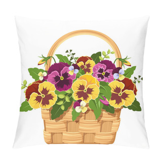Personality  Basket With Yellow And Purple Pansy Flowers. Vector Illustration. Pillow Covers