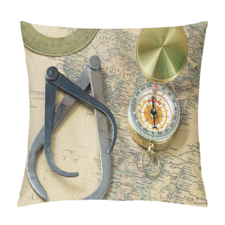 Personality  The Old Measuring Tool Gold Compass With Cover On Vintage Map, Macro Background, Compasses Pillow Covers