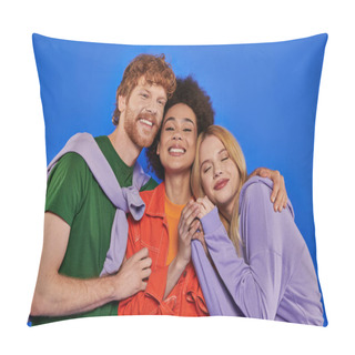 Personality  Polyamory Relationships, Positive Multiracial Women And Redhead Man Looking At Camera On Blue Background, Studio Photography, Cultural Diversity, Polygamy, Modern Family, Colorful Attire   Pillow Covers