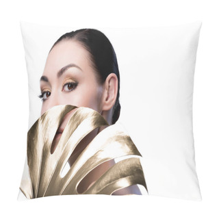 Personality  Woman With Big Golden Leaf Pillow Covers