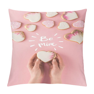 Personality  Partial View Of Woman Holding Glazed Cookie In Hands Isolated On Pink, St Valentines Day Concept Pillow Covers