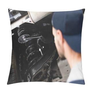 Personality  Selective Focus Of Mechanic In Cap Holding Wrench While Fixing Vehicle  Pillow Covers