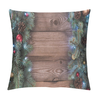 Personality  Top View Of Coniferous Twigs With Shiny Baubles, Pine Cones And Illuminated Garland, Christmas Background Pillow Covers
