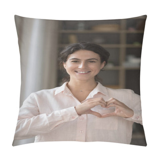 Personality  Happy Kind Female Volunteer Expressing Support, Charity Concept. Pillow Covers