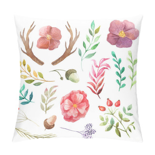 Personality  Set Of Hand Painted Watercolor Flowers, Leaves, Antlers And Berries In Rustic Style. Boho Rustic Collection Of Isolated Elements Perfect For Floral Design Projects Pillow Covers