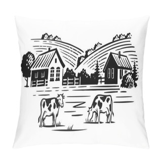 Personality  Cows Chewing Grass On Background Of Farm Pillow Covers