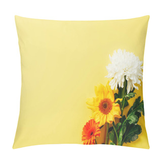 Personality  Top View Of Gerbera, Sunflower And Chrysanthemum Flowers Arranged On Yellow Backdrop Pillow Covers