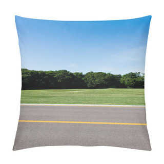 Personality  Selective Focus Of Yellow Line On Road Near Green Park In Summertime  Pillow Covers