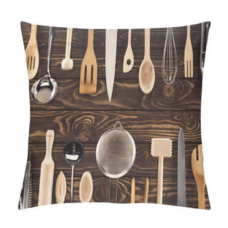 Personality  Top View Of Different Kitchen Utensils Placed In Two Rows On Wooden Table Pillow Covers