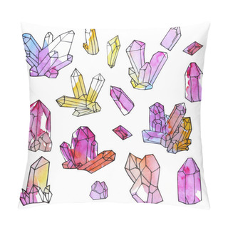 Personality  Hand Painted Watercolor Set Of Crystals Isolated On White Backgr Pillow Covers