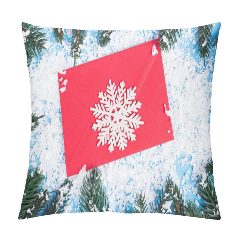 Personality  Top View Of Decorative Snowflake On Red Envelope Near Pine Branches And Artificial Snow On Blue Background Pillow Covers