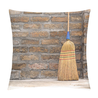 Personality  Household Broom For Floor Cleaning Leaning On Brick Wall Pillow Covers