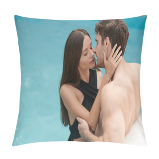 Personality  Woman In Black Swimsuit Embracing And Kissing Shirtless Man In Pool, Sexy Couple During Vacation Pillow Covers