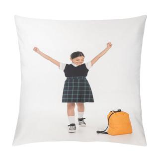 Personality  Cheerful Girl Looking At Backpack And Standing With Outstretched Hands, Yay, Back To School Concept Pillow Covers