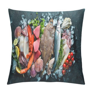 Personality  Fresh Fish And Seafood. Healthy Food. Flounder, Lobster, Squid, Tuna, Fish. Pillow Covers