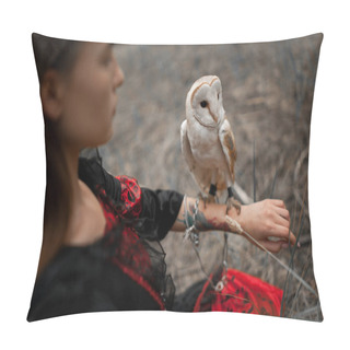Personality  Girl Sits On Grass With Owl On Her Hand In Forest. Close-up. Pillow Covers